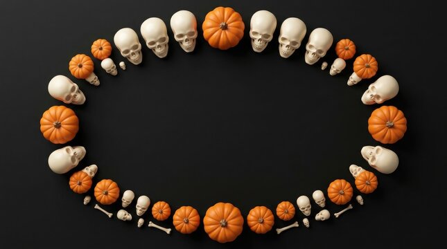 Arrangement of sea shells and skulls forming a circular pattern on a dark background