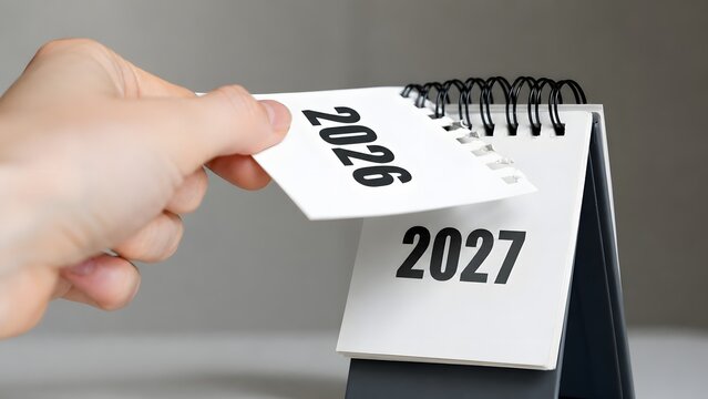A person turning the page of a desk calendar to change the year from 2026 to 2027 concept representing the passage of time and new year resolutions for the future planning