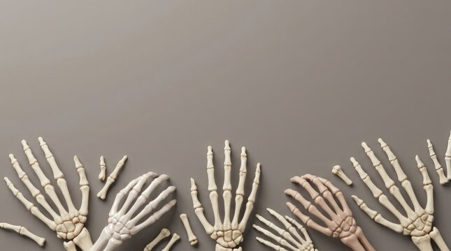 Several realistic human skeleton hands reaching across a neutral gray background
