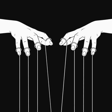 Conceptual illustration of control and influence featuring puppet master hands pulling strings