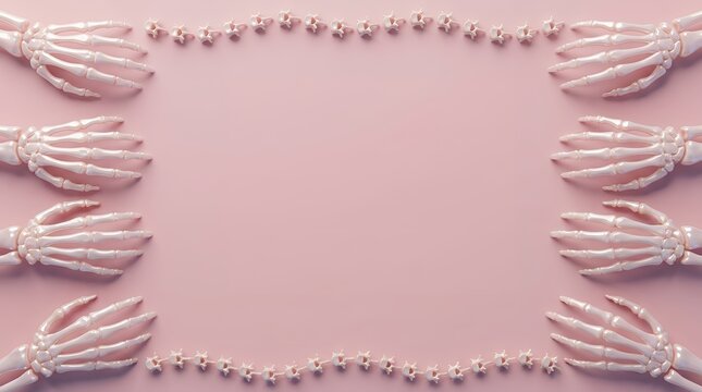 Skeleton Hands Arranged in Frame on Pink Background
