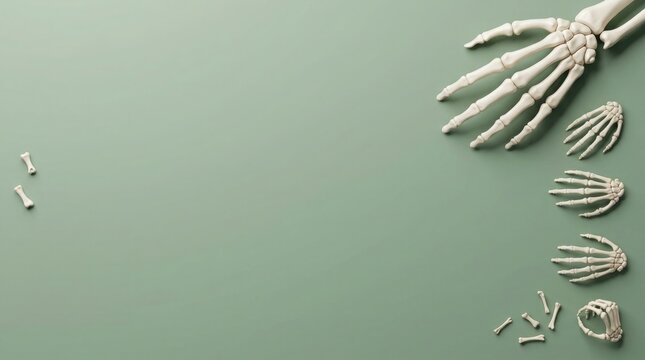 Halloween skeleton hands and bones arranged on a muted green background