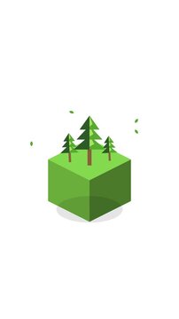 Isometric low poly stylized forest animation featuring evergreen pine trees on a grass block