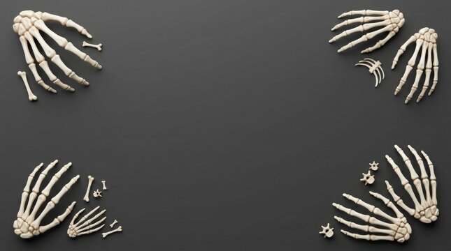 Halloween skeletal hands and ribs arranged in a square frame on black background