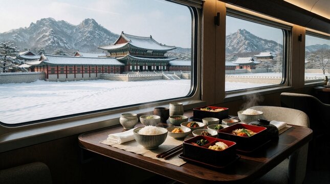 Gyeongbokgung Palace in Seoul, Korea, seen from a luxury train window during winter. Traditional Korean meal served on board with steaming rice and assorted side dishes.