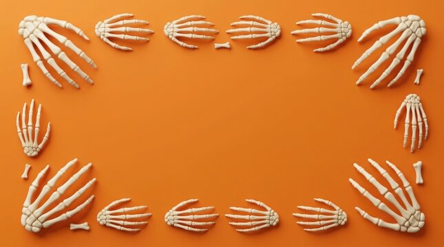 Hands arranged in a frame on a vibrant orange background creating a border