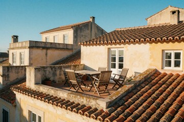 Naklejka premium Rooftop terrace with wooden furniture overlooks tiled roofs and clear sky. Exterior view shows residential buildings with patio space. Bright sun highlights scene.