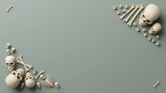 Halloween border made of skulls bones and decaying elements on gray background