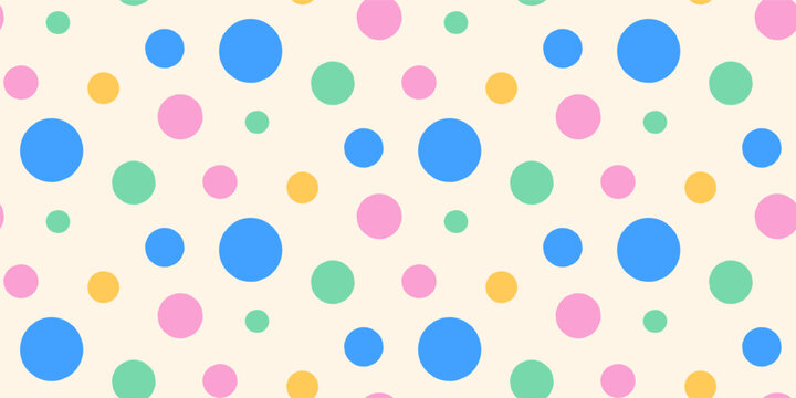 Birthday dot texture of big pastel confetti circles on cream. Blue dots join pink green and yellow circles in irregular rhythm. Happy vector birthday print for social media post or party decoration