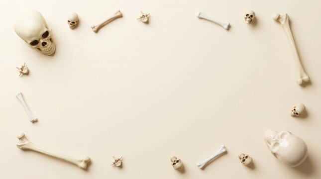 Human bones arranged in a square frame on a neutral beige background