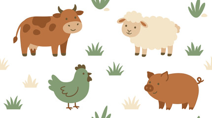Fototapeta premium Seamless pattern with cute cartoon farm animals including cow sheep chicken and pig on white background