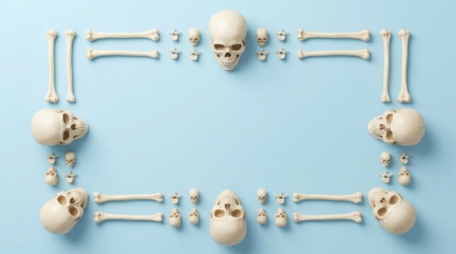 Anatomical skeleton frame arranged in a rectangular shape on a light blue background