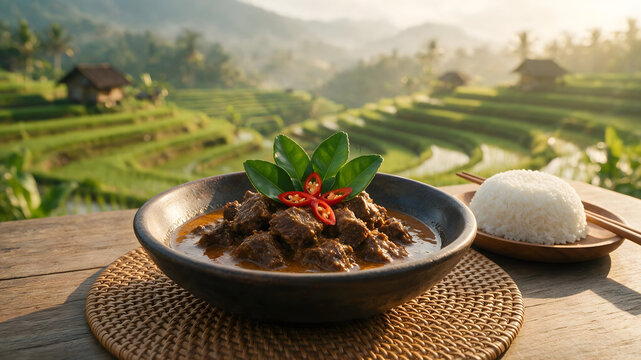 Beef rendang in black bowl with steamed rice, chili garnish, and lush green rice terrace background
