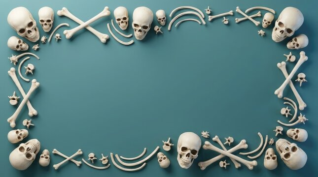 Border of human skulls and crossbones against a teal background