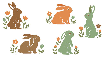 Obraz premium Easter bunny vector illustration set with cute rabbits and spring flowers in minimalist folk art style