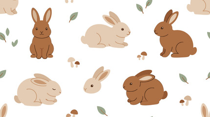 Naklejka premium Cute rabbit seamless pattern with cartoon bunnies, leaves, and mushrooms vector illustration for textile and wrapping paper design
