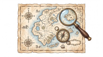 Fototapeta premium Antique vintage treasure map with magnifying glass and brass compass placed flat on white background