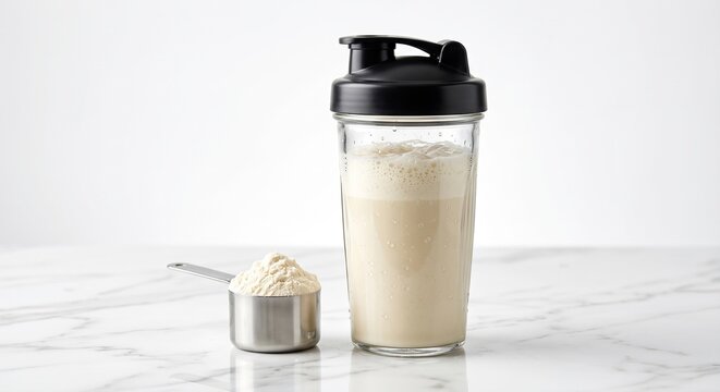 Clear Glass Vanilla Protein Shake in a Black Lid Shaker