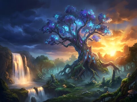 A majestic glowing fantasy tree standing beside a cascading waterfall in a magical enchanted forest at sunset