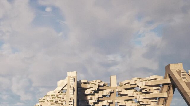 A unique building design stands tall against a sky filled with clouds and some blue areas. The structure features a combination of shapes and plants integrated into the design.
