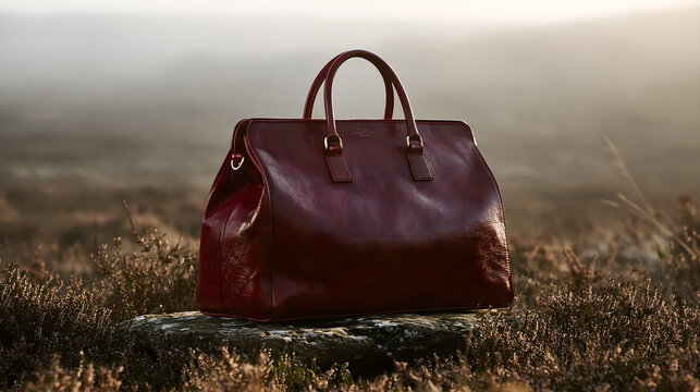 Luxurious Leather Handbag Outdoors: A rich, burgundy leather handbag rests on a mossy stone amidst a misty, natural landscape, exuding elegance and sophistication.