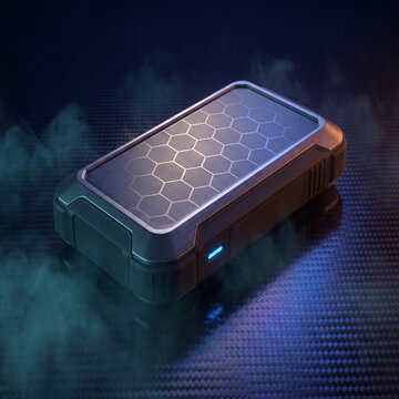 Rugged portable power bank with solar panel grid and blue LED indicator on dark surface