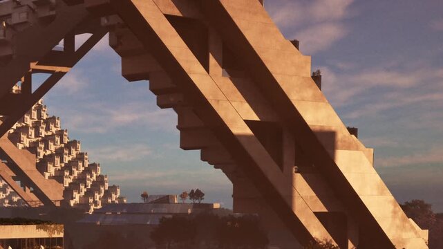 Unique architecture with large concrete structures and shapes. The setting features a city landscape transitioning into evening light. Shadows and colors highlight the design.