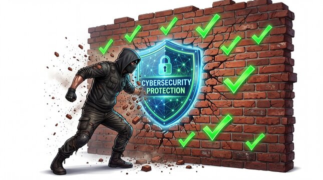 Hooded hacker attacking a glowing digital cyber security shield protecting a solid brick wall on white background