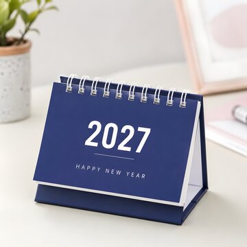 Blue desk calendar for the year 2027 with happy new year text standing on an office table with a small green plant in the background for business planning and holiday celebration