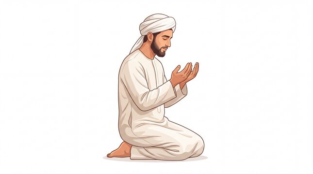 Devout muslim man wearing traditional clothing while praying in a peaceful kneeling position on white background