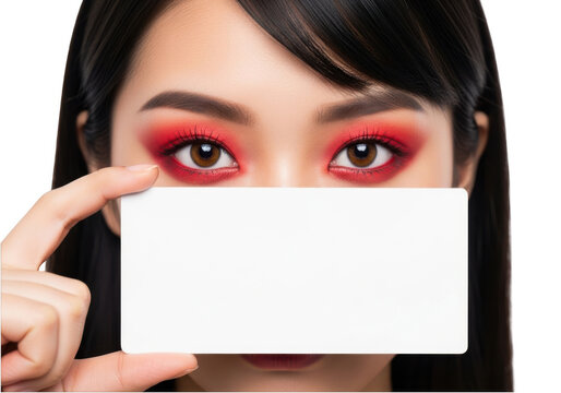 Young woman holding a blank white card in front of her face isolated on transparent background