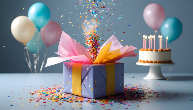 Creative birthday gift box exploding with colorful confetti, balloons and cake