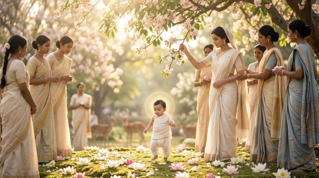 Infant prince walk: Siddhartha Gautama nativity, Lumbini garden scene, Buddhism spiritual awakening, ancient tradition heritage, holy sage teacher, dharma wisdom, compassion religion.