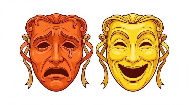 Golden and orange theatrical comedy and tragedy masks isolated for performance art on white background