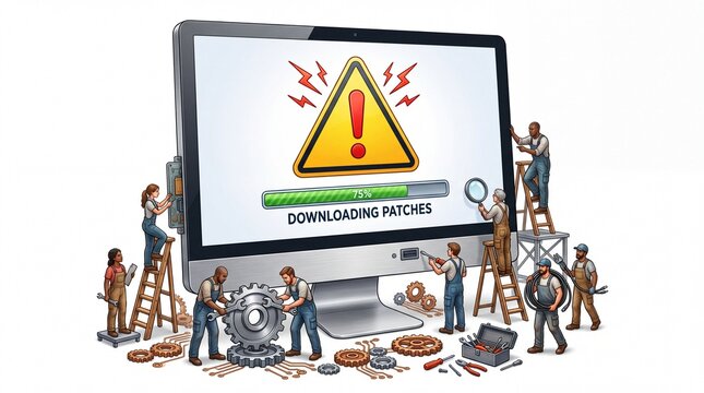 Miniature workers fixing technical issues on computer display screen with loading bar on white background