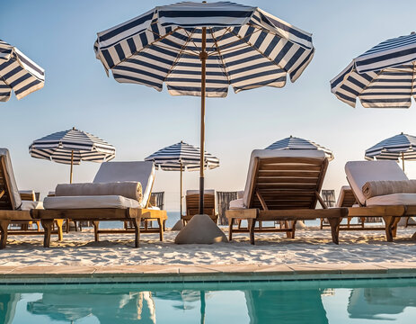 Minimalist poolside with striped parasols, wooden sunbeds and soft beige towels, creating a calm luxury vacation scene for summer travel, relaxation, resort and hospitality.