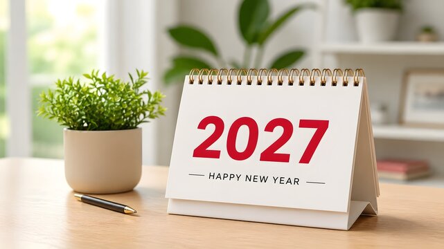 Desk calendar for the year 2027 with happy new year greeting sitting on a wooden table with a small green plant and a pen in a bright home office setting for holiday planning