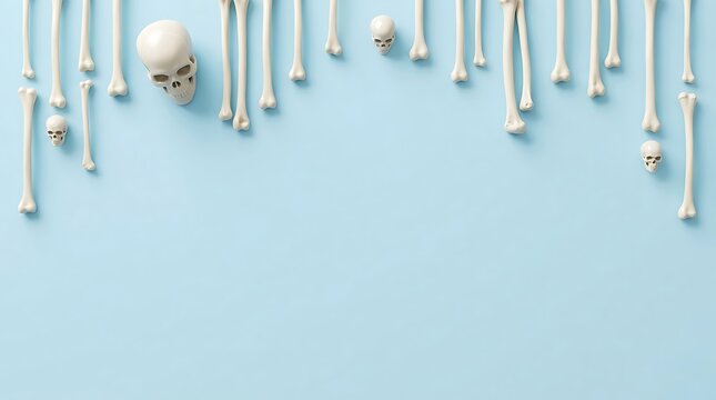 Collection of human skeleton bones arranged in ascending size order