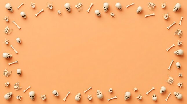 Creative arrangement of white skeleton bones forming decorative border pattern