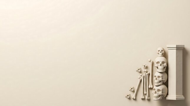 Creative skeleton display arranged on white shelf against plain wall