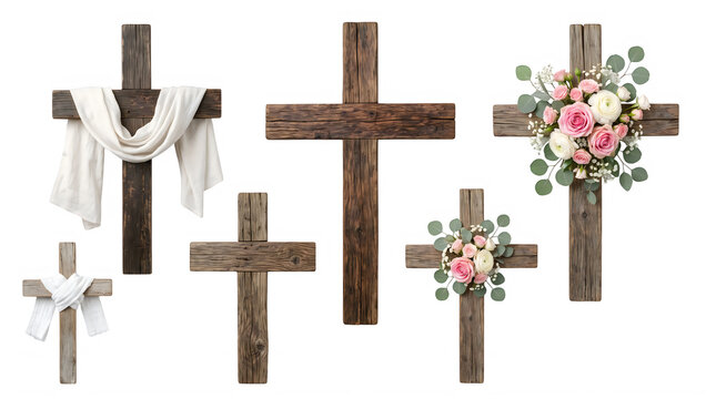 Set of four simple wooden crosses with flowers and greenery for decoration or religious display