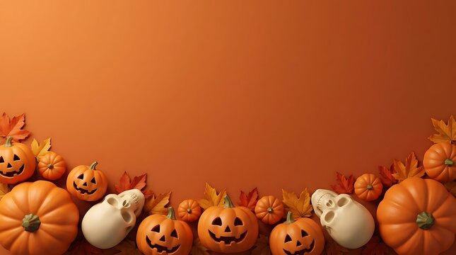 Halloween decorated pumpkins with skulls and autumn leaves arrangement