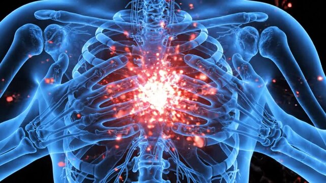 3d medical illustration of a human skeleton with glowing red heart area indicating pain, inflammation, or cardiac issues in the chest cavity