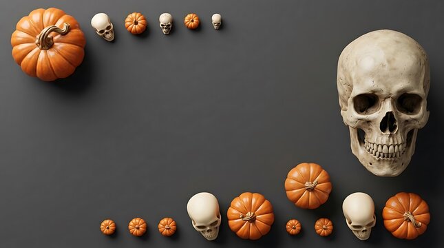 Halloween themed pumpkins and skulls arranged in size comparison sequence