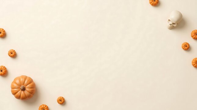 Miniature pumpkins and skull decoration on light transparent background display