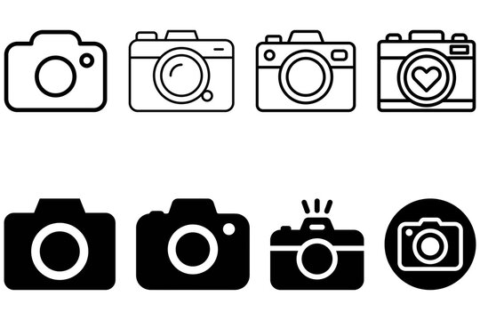 Set of eight black camera icons in flat design style