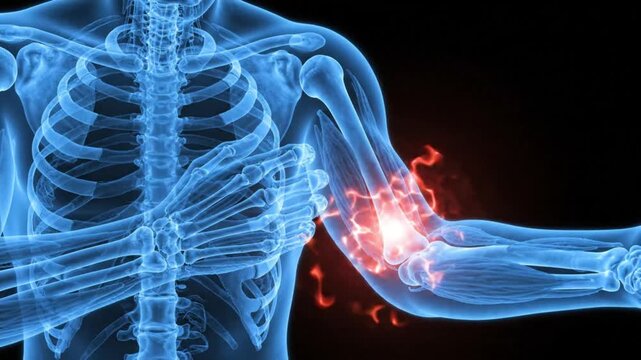 3d illustration of a human skeleton showing elbow pain or injury with a glowing red highlight on the joint area, representing inflammation, arthritis, or musculoskeletal discomfort in the arm