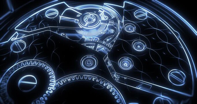 CGI wireframe schematic of skeleton luxury swiss watch movement.
