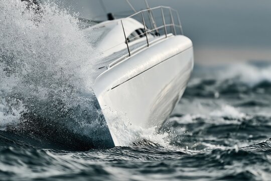 Modern sailboat cutting through ocean waves with powerful dynamic motion