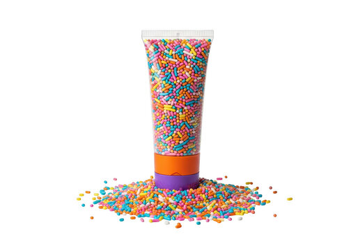 Cosmetic tube filled with colorful sugar sprinkles isolated on transparent background